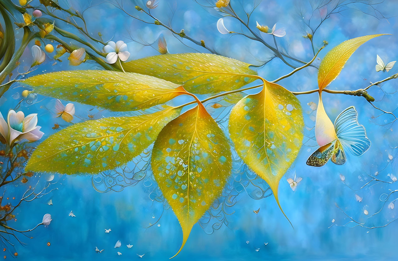 Colorful digital artwork: Yellow leaves, butterfly, blue backdrop