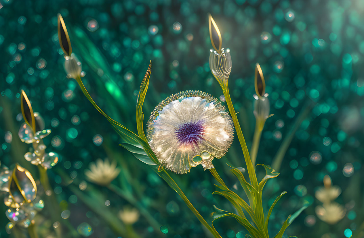 Dandelion seed head with dewdrops and buds on green-blue background