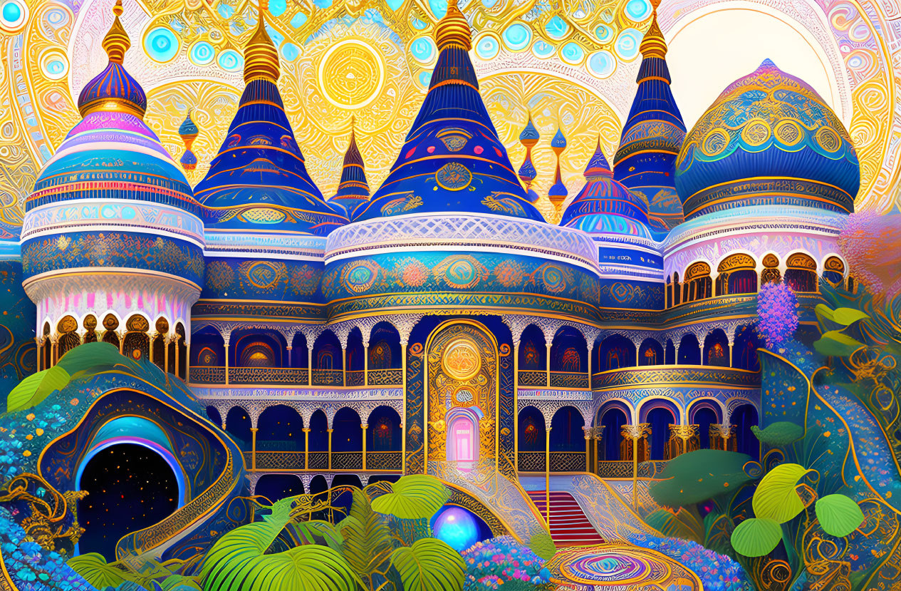 Fantasy palace illustration with ornate domes and vibrant colors