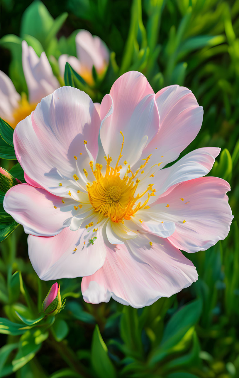 Vibrant pink and white flower with yellow center in close-up view