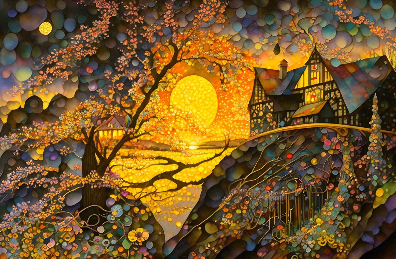 Colorful Tree and Cottage in Whimsical Landscape Painting