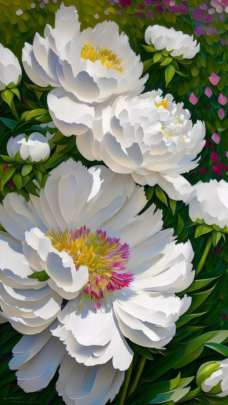 Colorful digital artwork featuring white peonies with yellow and pink centers and green foliage.