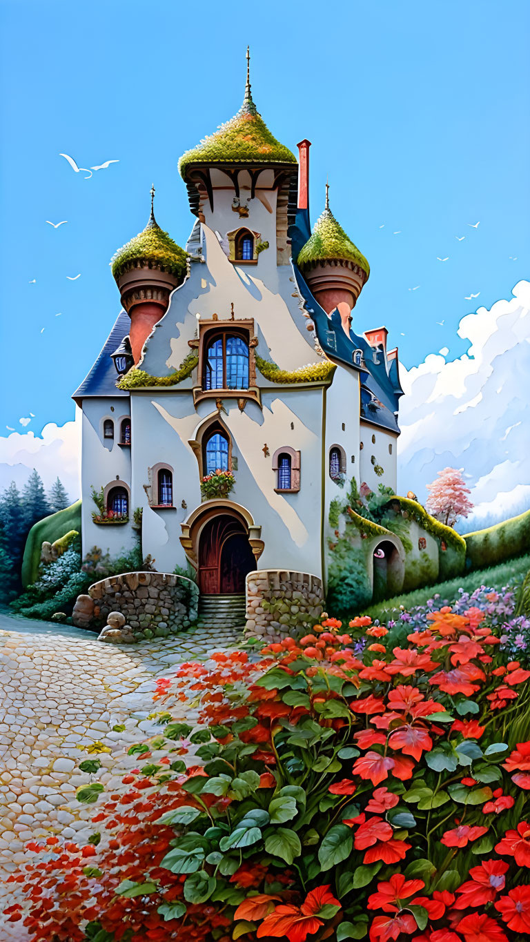 Whimsical fairy-tale castle with spires in lush garden