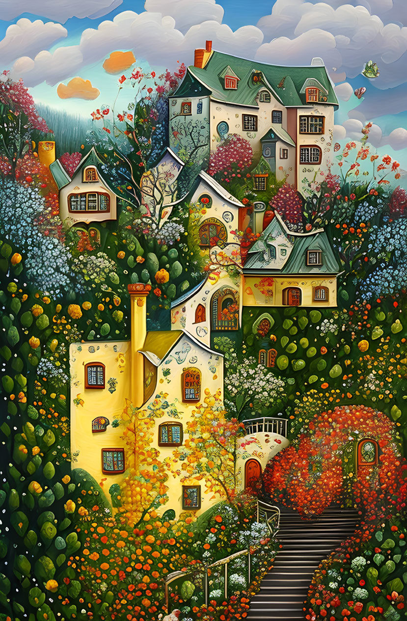 Colorful painting of multi-storied houses in lush landscapes