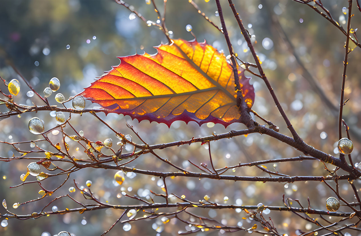 Colorful Leaf Among Water Droplets on Twigs in Forest Setting