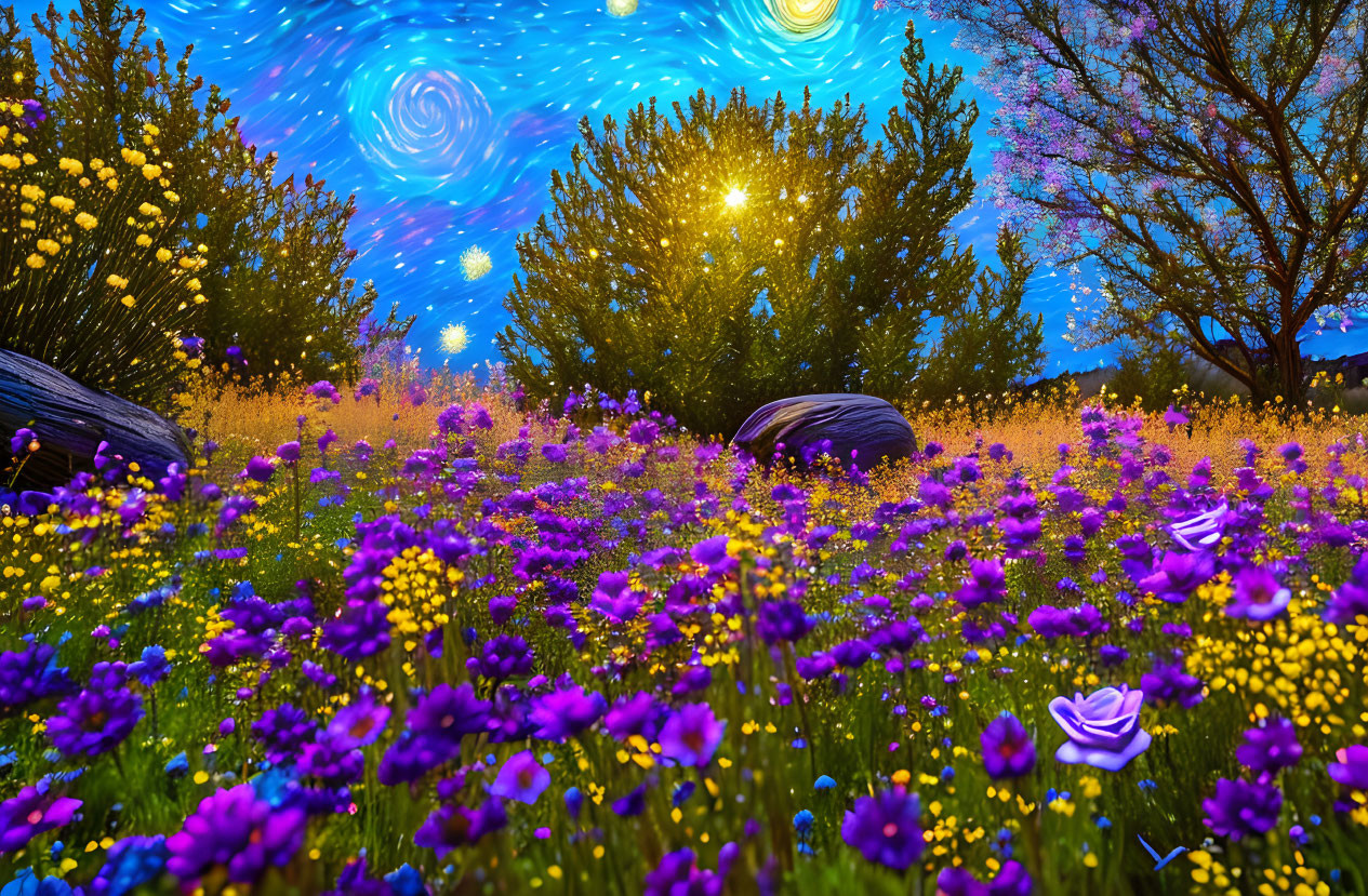 Vibrant purple and yellow flowers under a swirling night sky