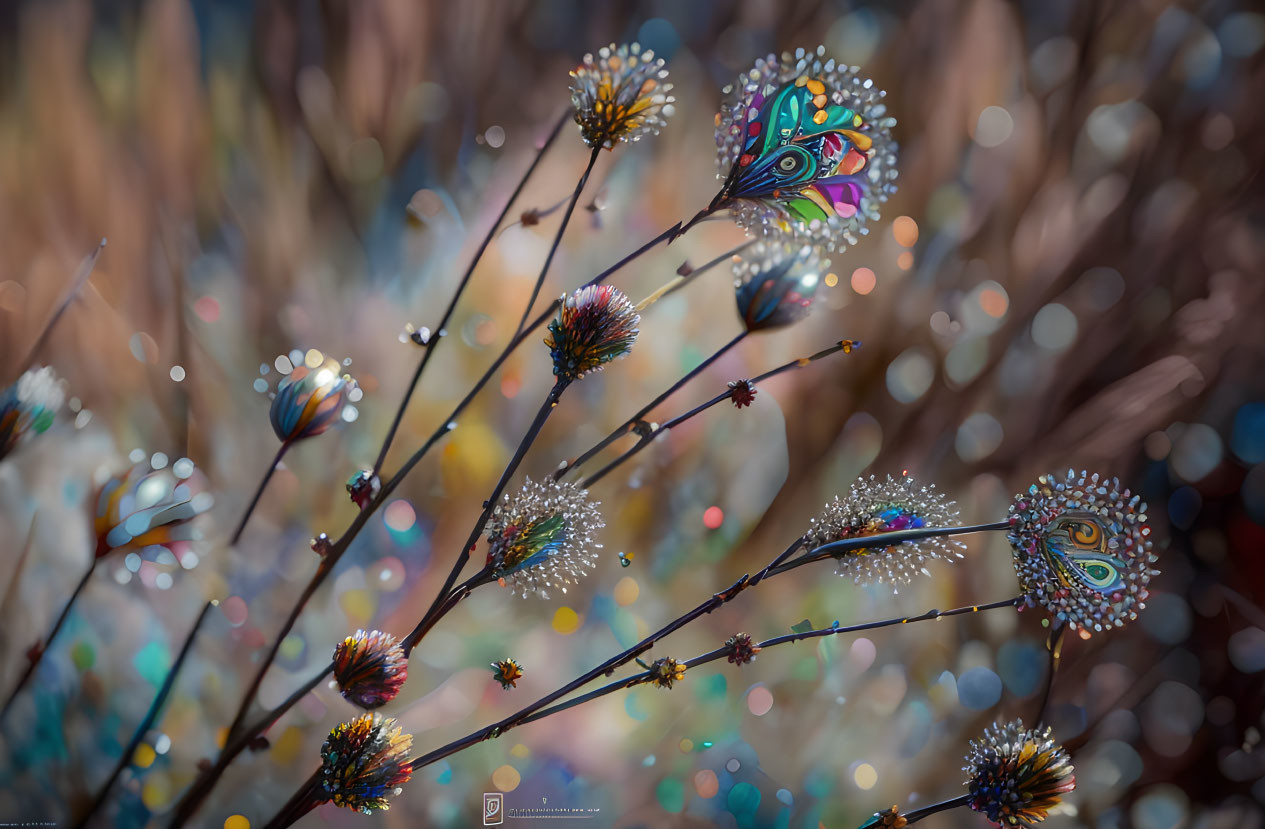 Dew-covered plants with vibrant butterflies on soft bokeh background