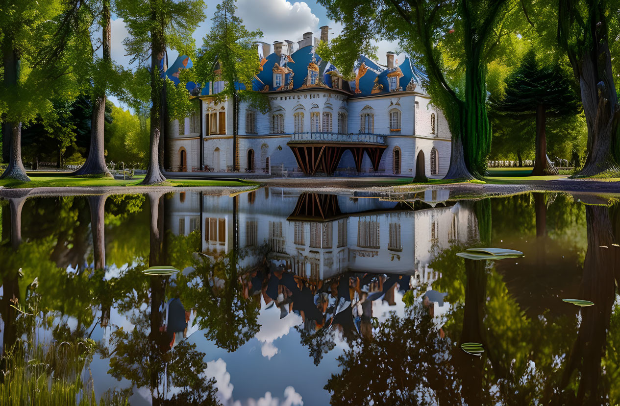 Majestic chateau with blue and white facades reflected in tranquil pond