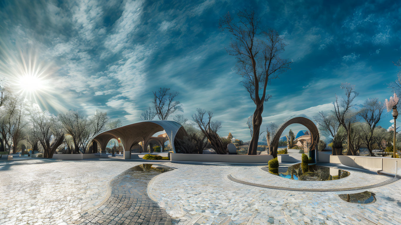 Modern park with unique arch structures, paved walkways, bare trees, and blue sky in panoramic view