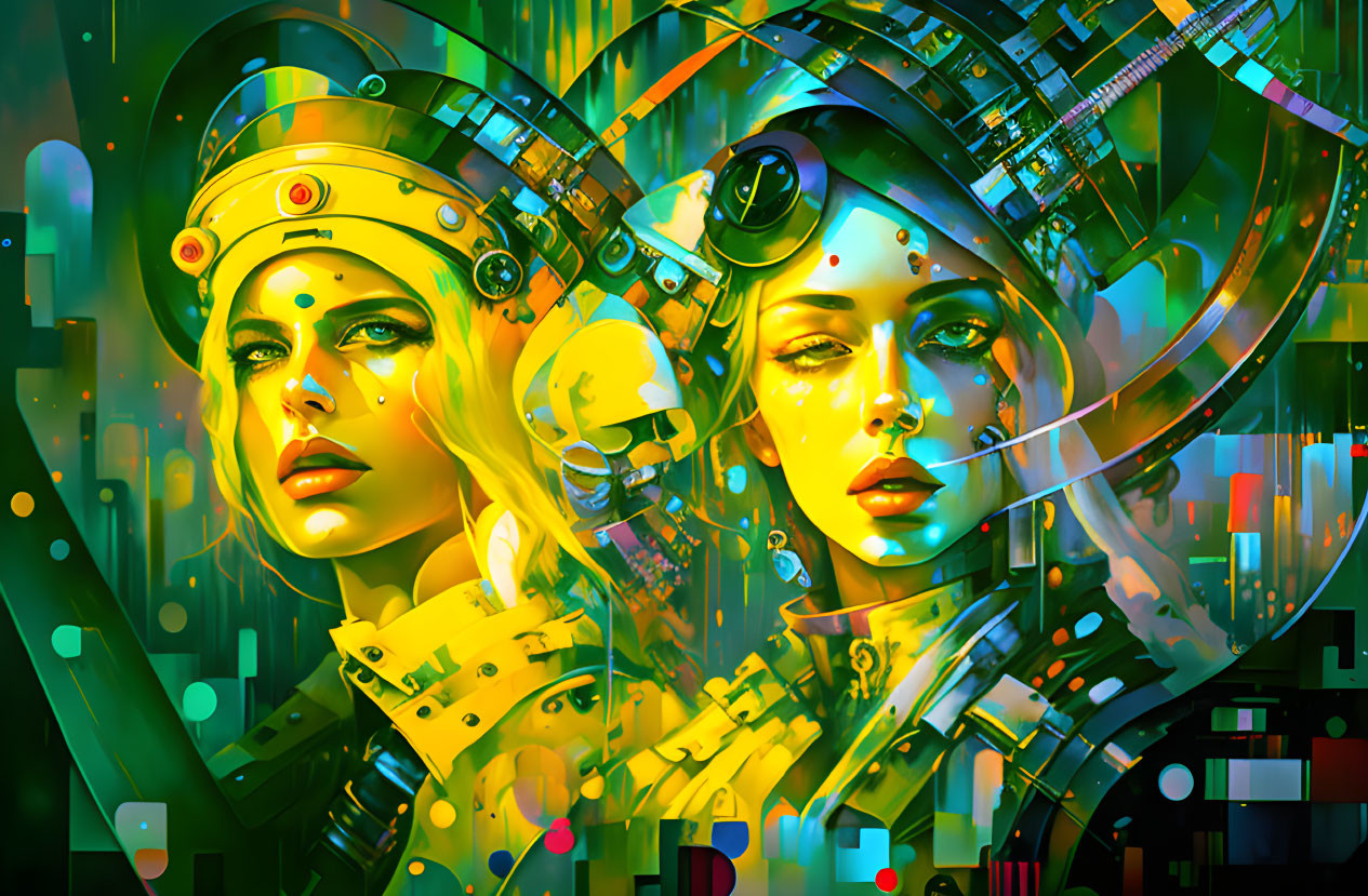 Stylized female cyborgs with intricate headgear on vibrant futuristic backdrop