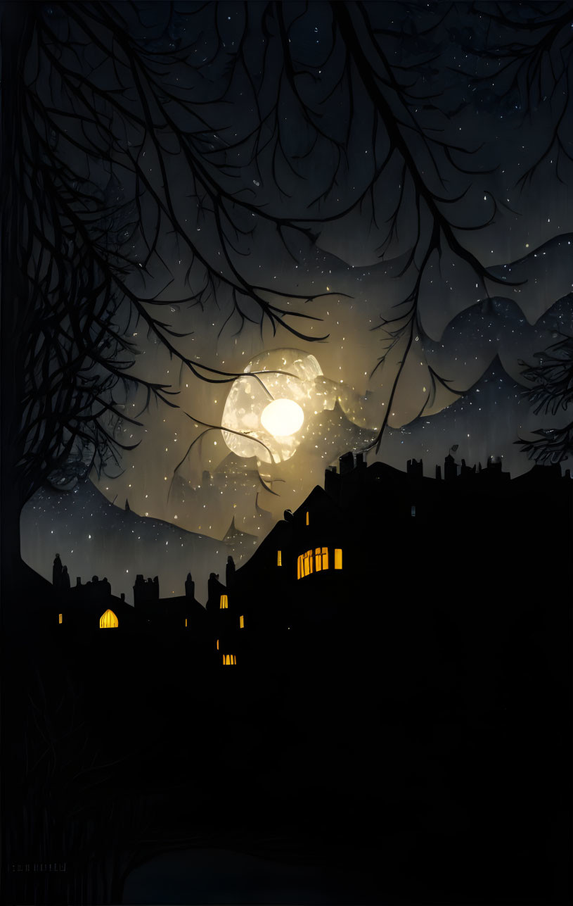 Moonlit Night Silhouetting Village with Glowing Windows