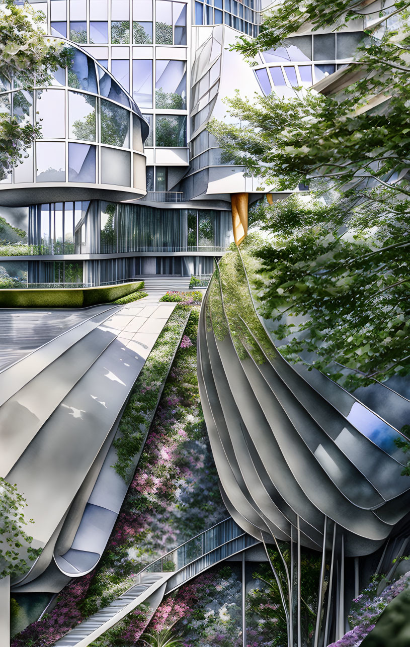 Contemporary building with reflective glass facade and lush green surroundings