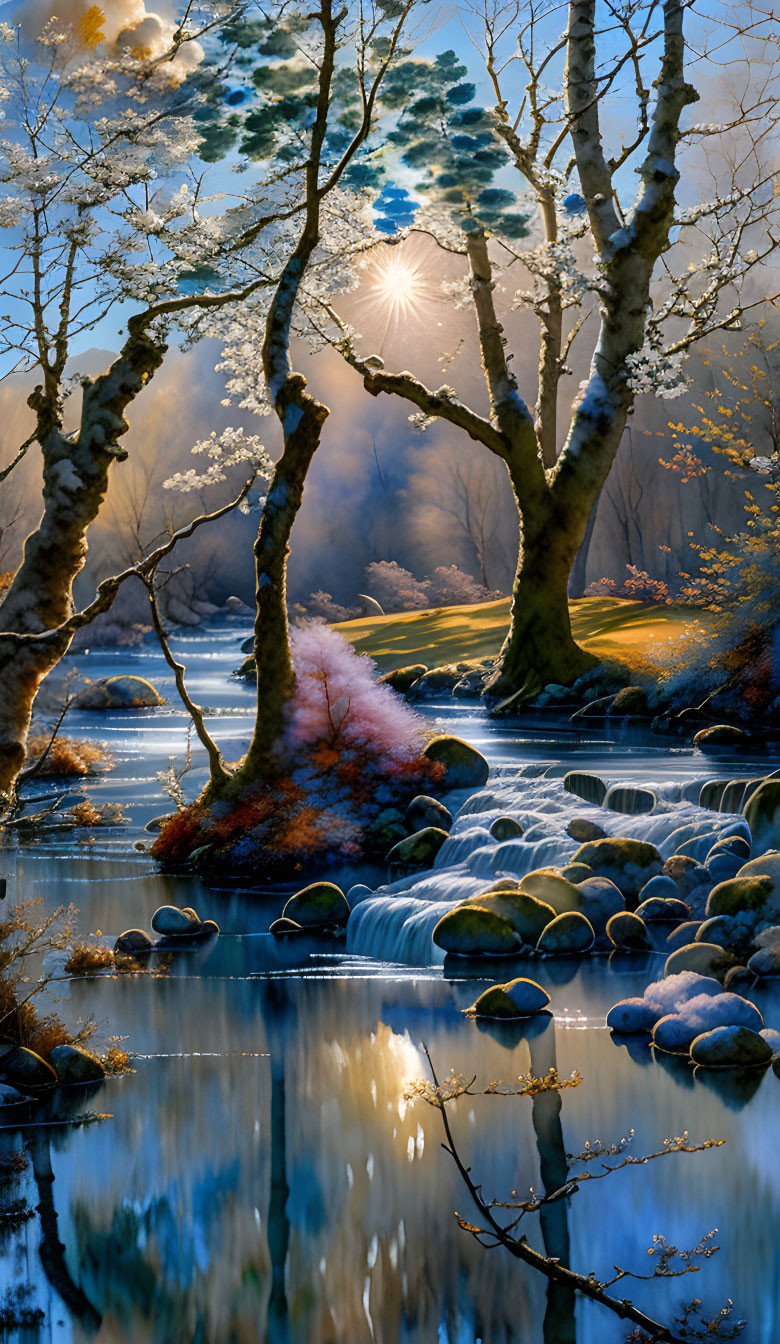 Tranquil river in serene landscape with blossoming trees and bright sun