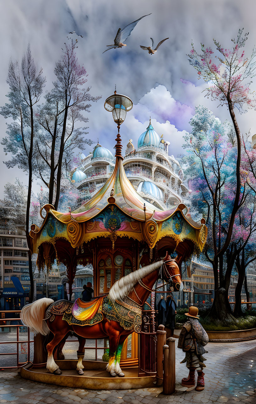 Colorful carousel with ornate horses under dreamy tree-scape.