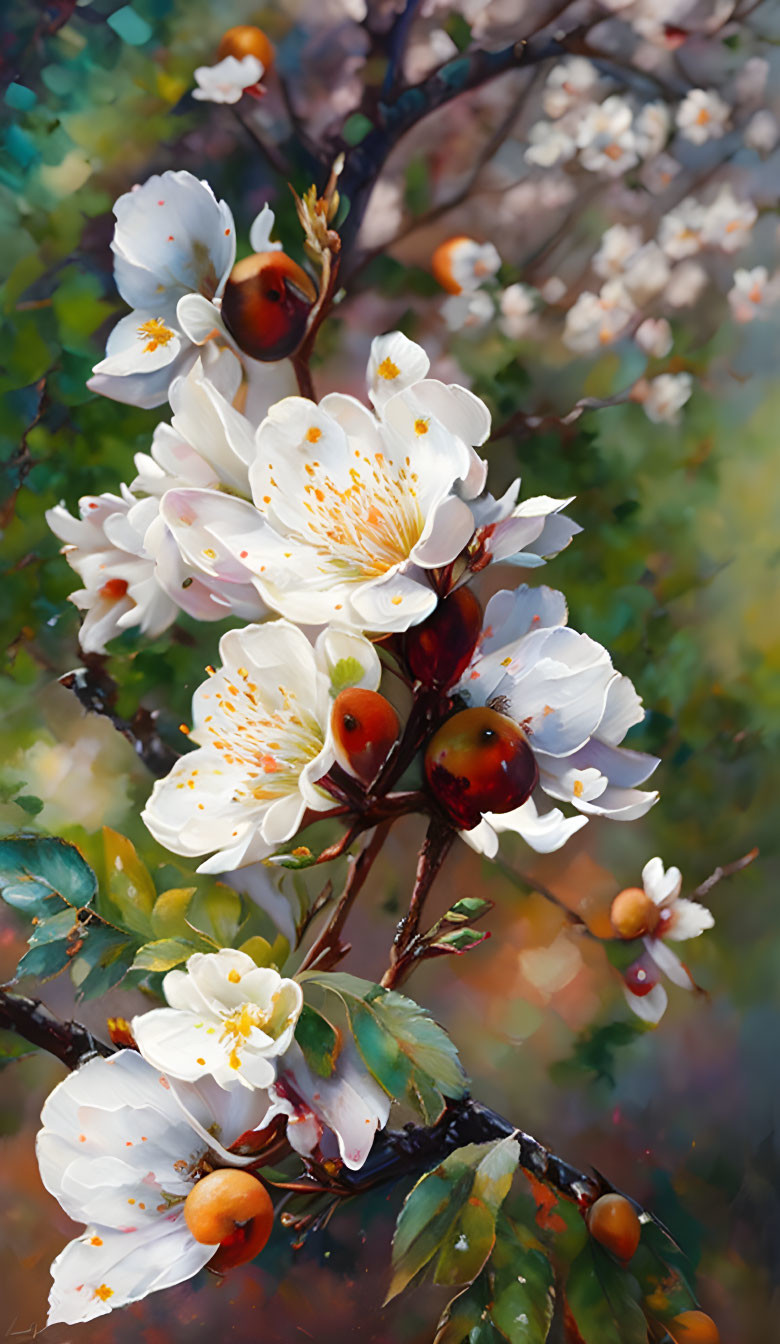 White Blossoms Painting with Red Berries on Branch