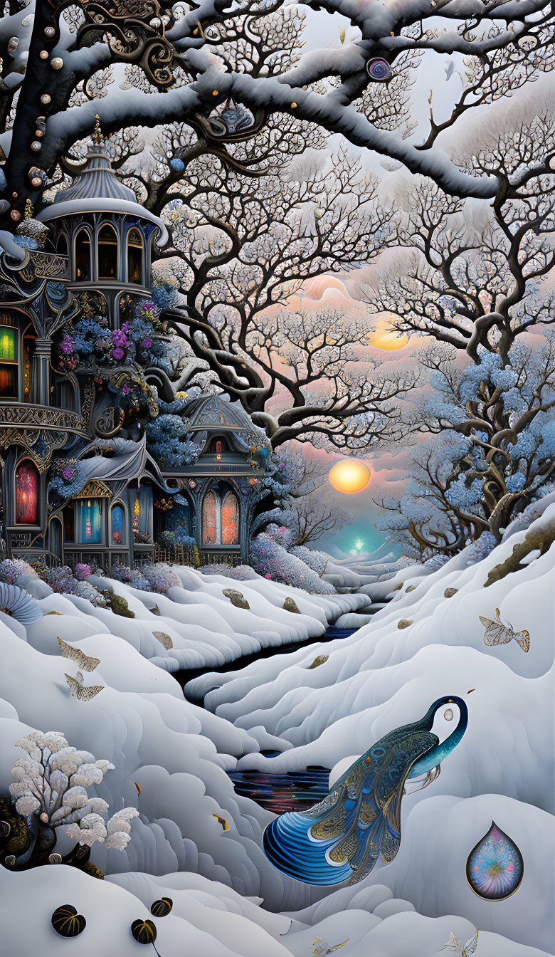 Detailed Victorian-style winter scene with snow-covered trees, peacock, and glowing sunset