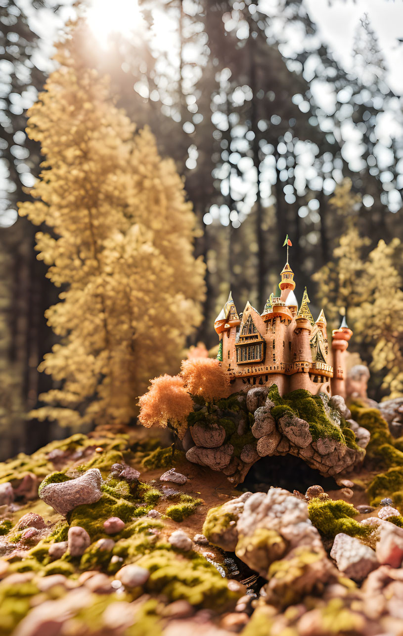 Miniature fairytale castle model in forest with moss, rocks, backlit trees