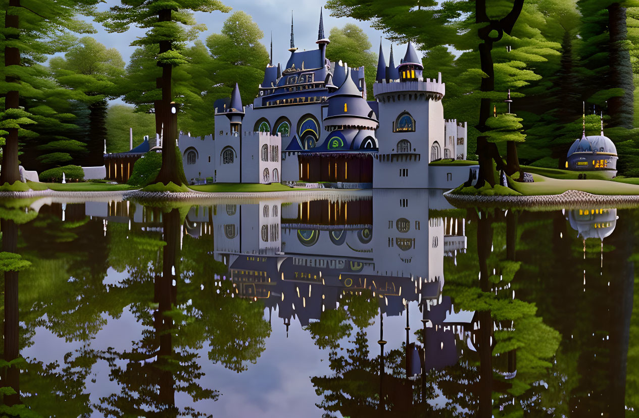 Blue-Spired Fairytale Castle in Forest by Calm Lake