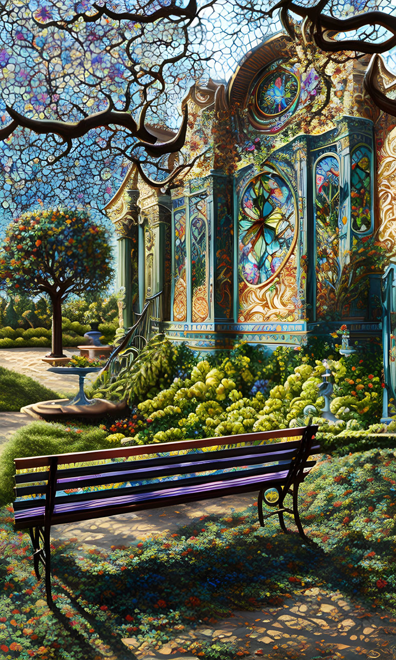 Decorative carousel with stained glass windows in vibrant garden landscape