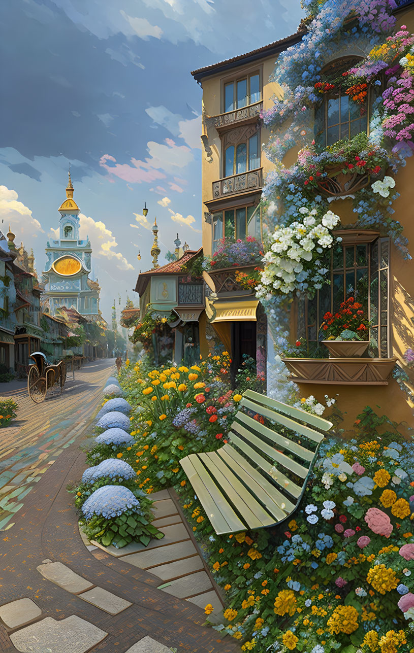 Colorful flowers, bench, charming buildings on picturesque street