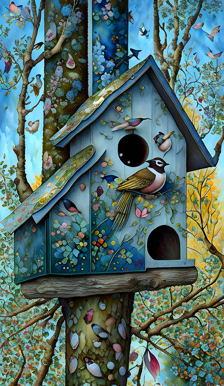 Ornate birdhouse painting with bird and floral backdrop