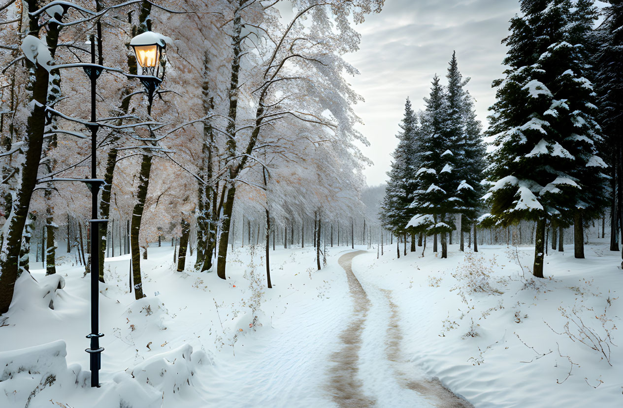 Snowy Forest Path with Glowing Street Lamp at Dusk