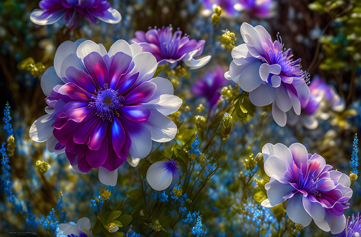 Purple and White Flowers with Digital Art Effect in Serene Setting