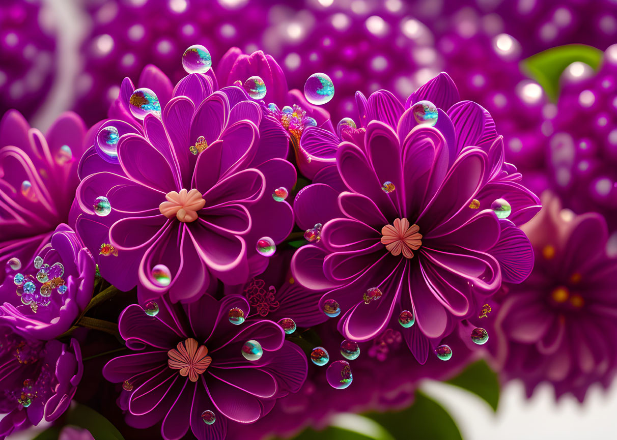 Detailed digital artwork: Purple flowers with patterns and water droplets on blurred floral backdrop