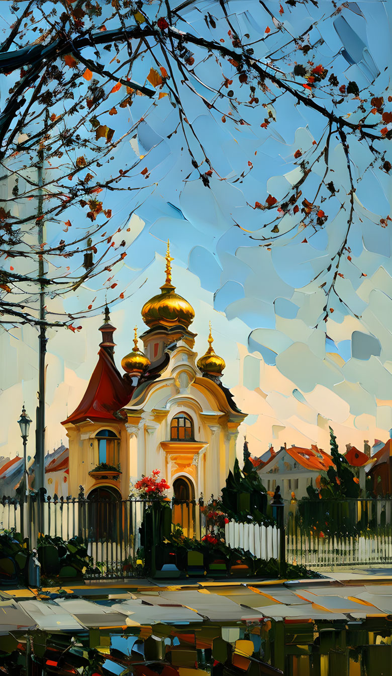 Impressionistic painting of church with golden domes, street view with fence, trees, autumn leaves