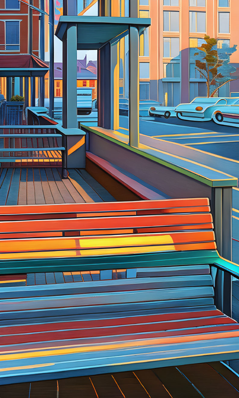 Vibrant urban scene with colorful steps, bus stop, classic car, and sunset-hued buildings