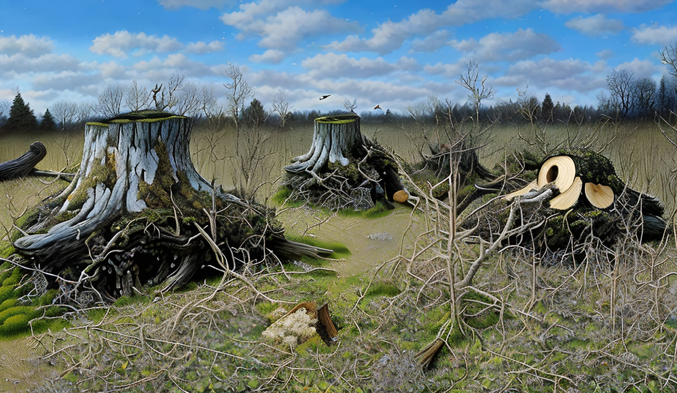 Tree Stumps and Cut Branches in Partly Cloudy Sky with Flying Bird