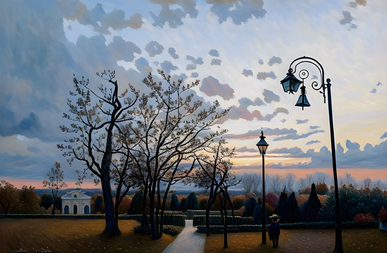 Tranquil sunset with silhouetted trees, person walking, vintage street lamps in serene park