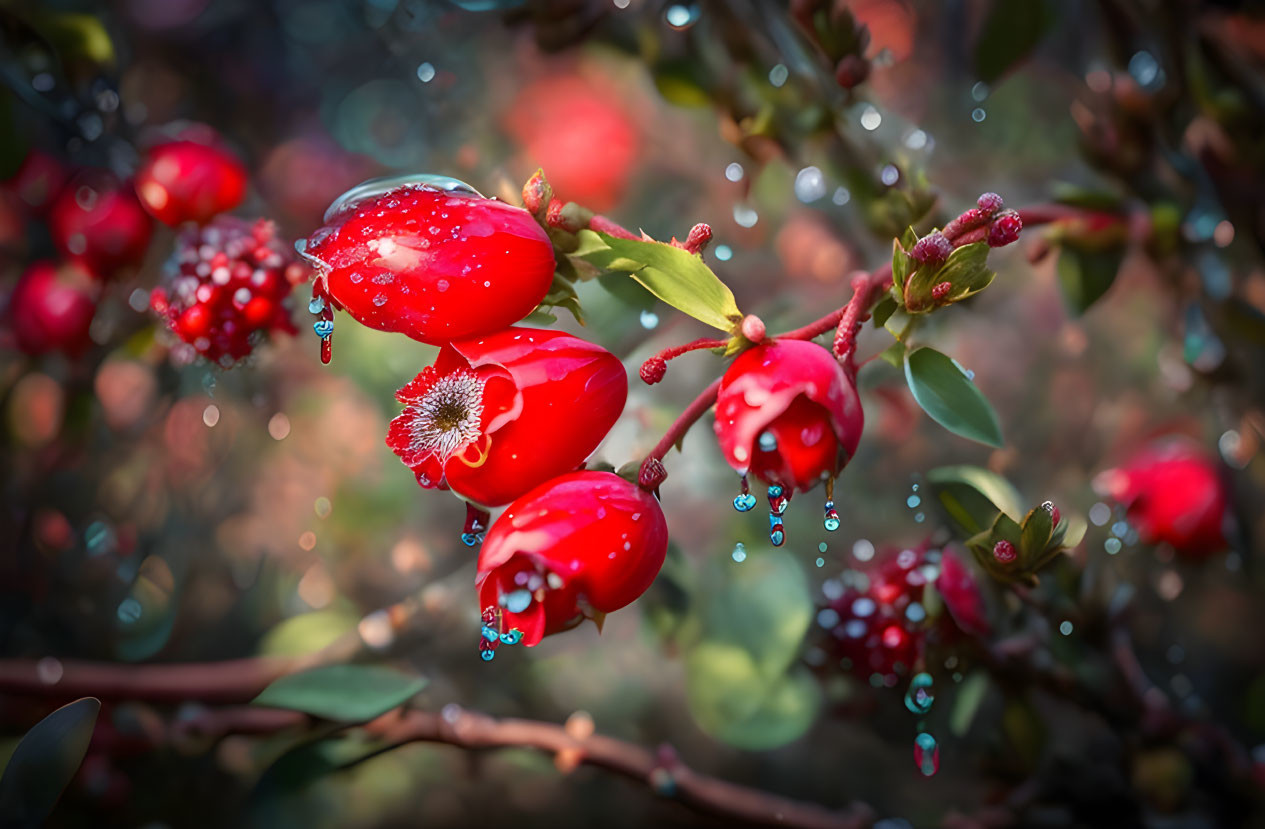 Fresh red berries with dewdrops on branch against bokeh background.