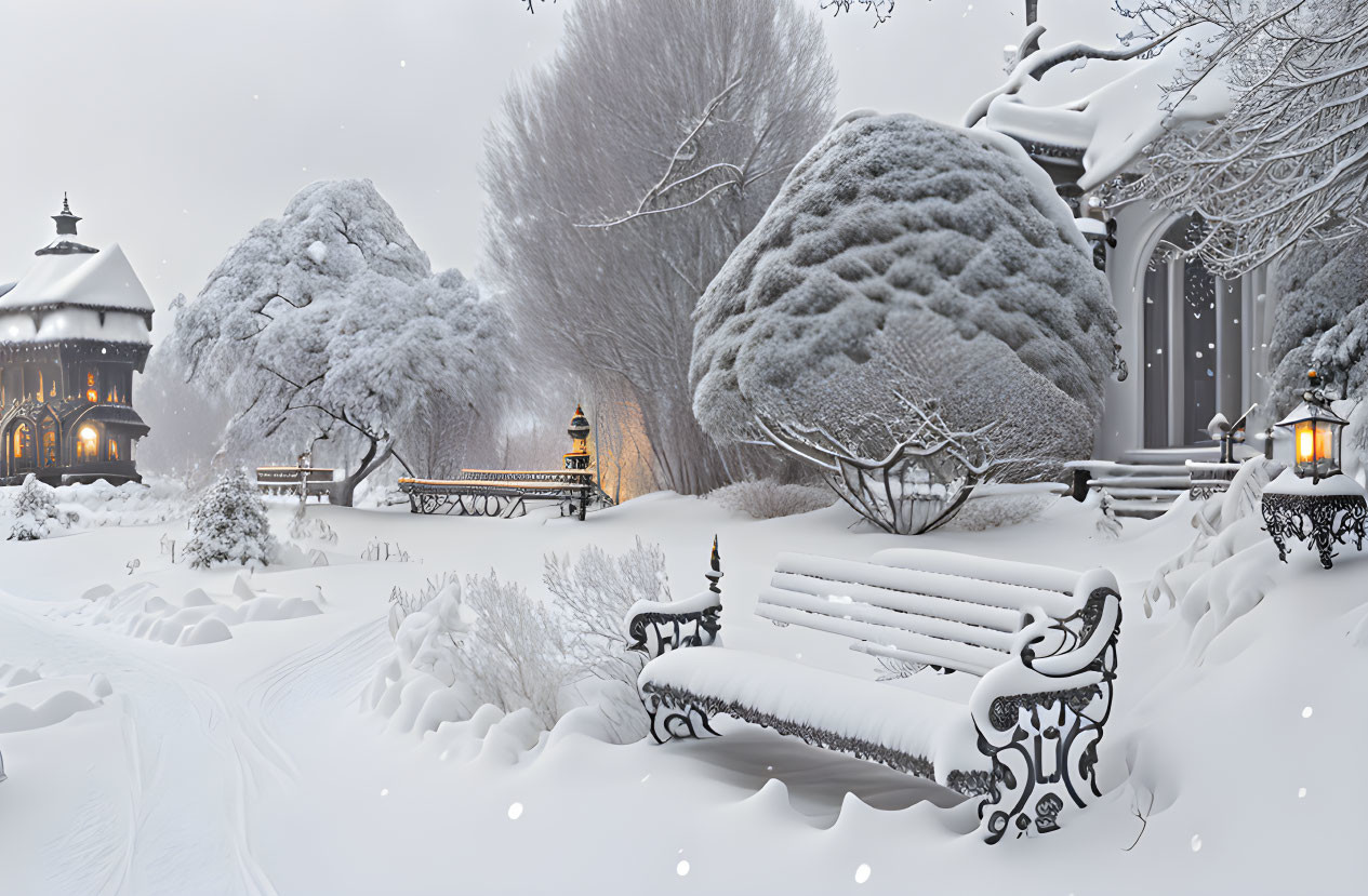 Snow-covered winter scene with trees, bench, lamp posts, and lit gazebo.