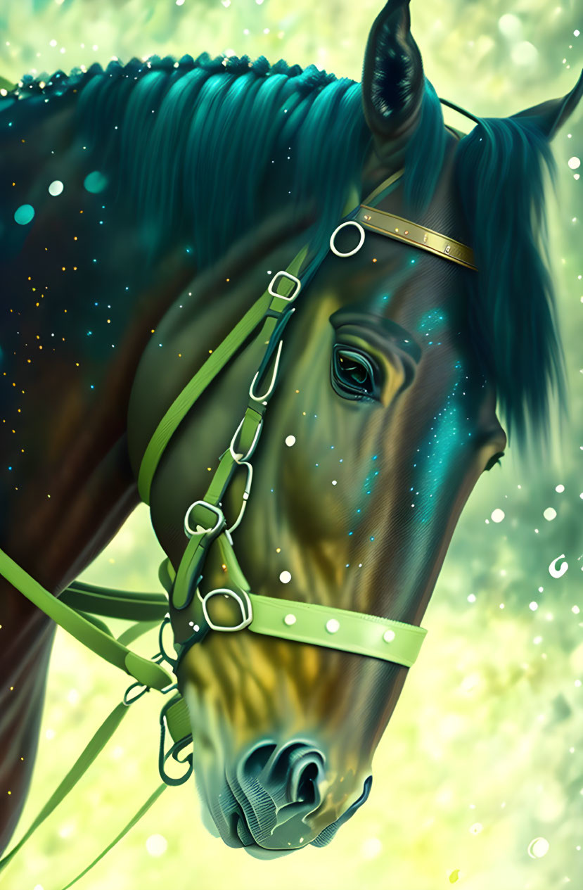 Digital art illustration: Horse with green bridle on sparkly green background