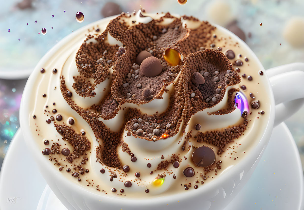 Creamy frothy beverage in white cup with chocolate powder and droplets