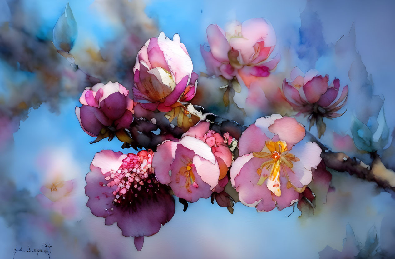 Delicate pink blossoms in watercolor with soft blue background