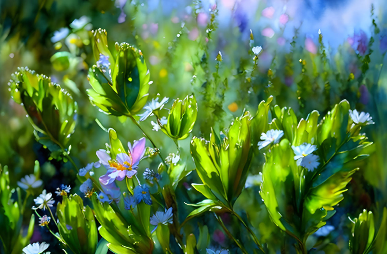 Vibrant garden scene with lush green plants and white & purple flowers