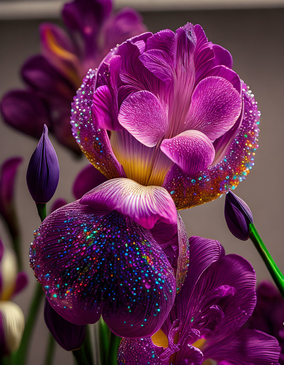 Digitally altered purple tulip with water droplets amidst flora