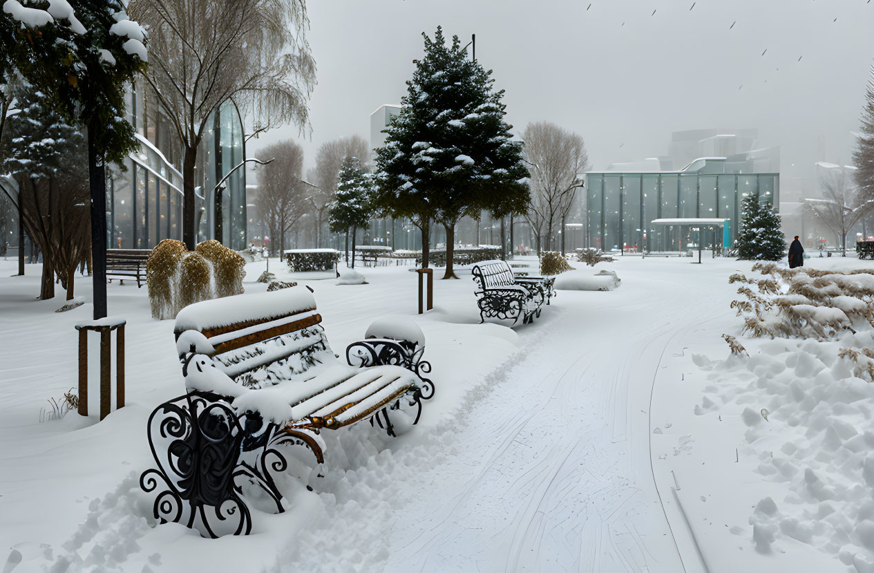 Snow-covered urban park with benches, bare trees, Christmas lights, and lone walker