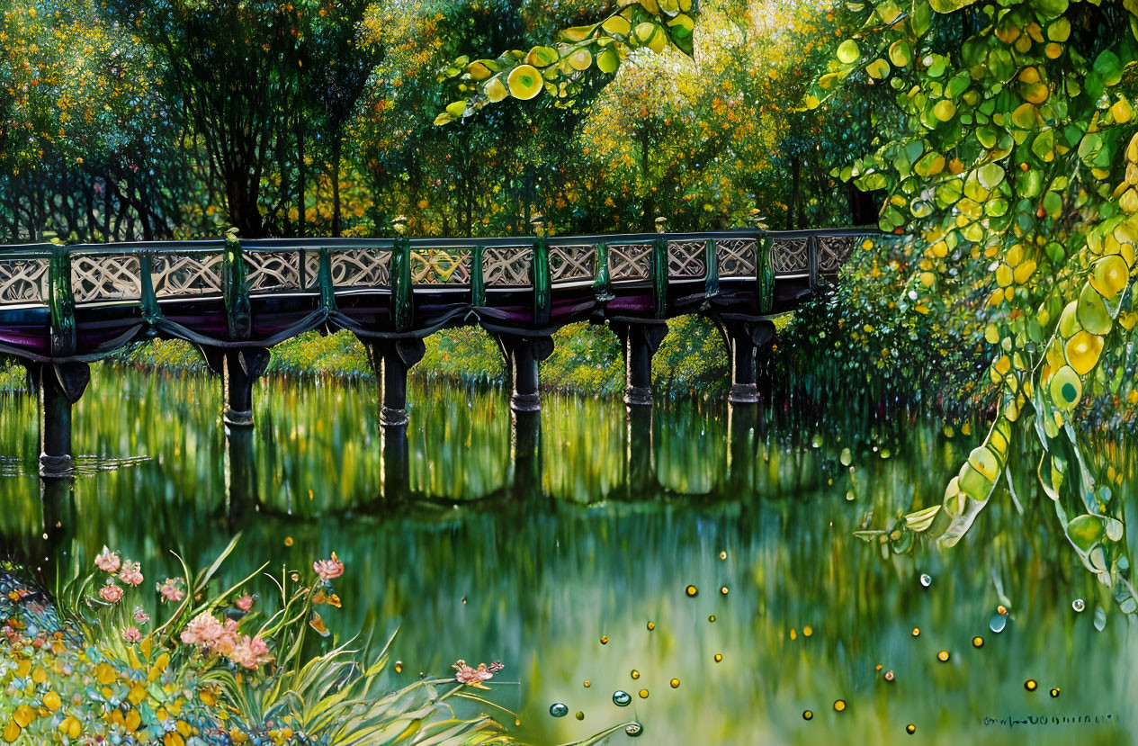 Ornate bridge over tranquil river with lush green trees