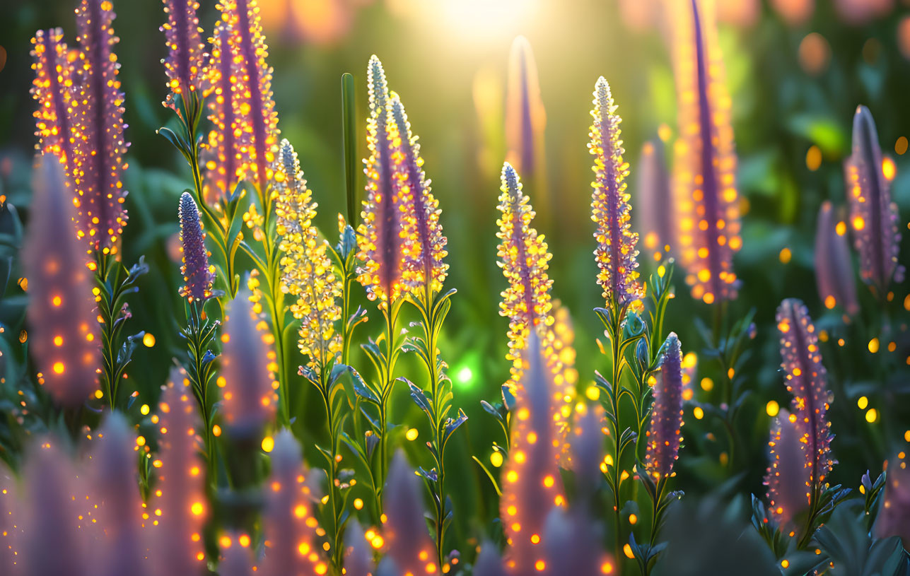 Vibrant lupine flowers at sunset in serene garden scene