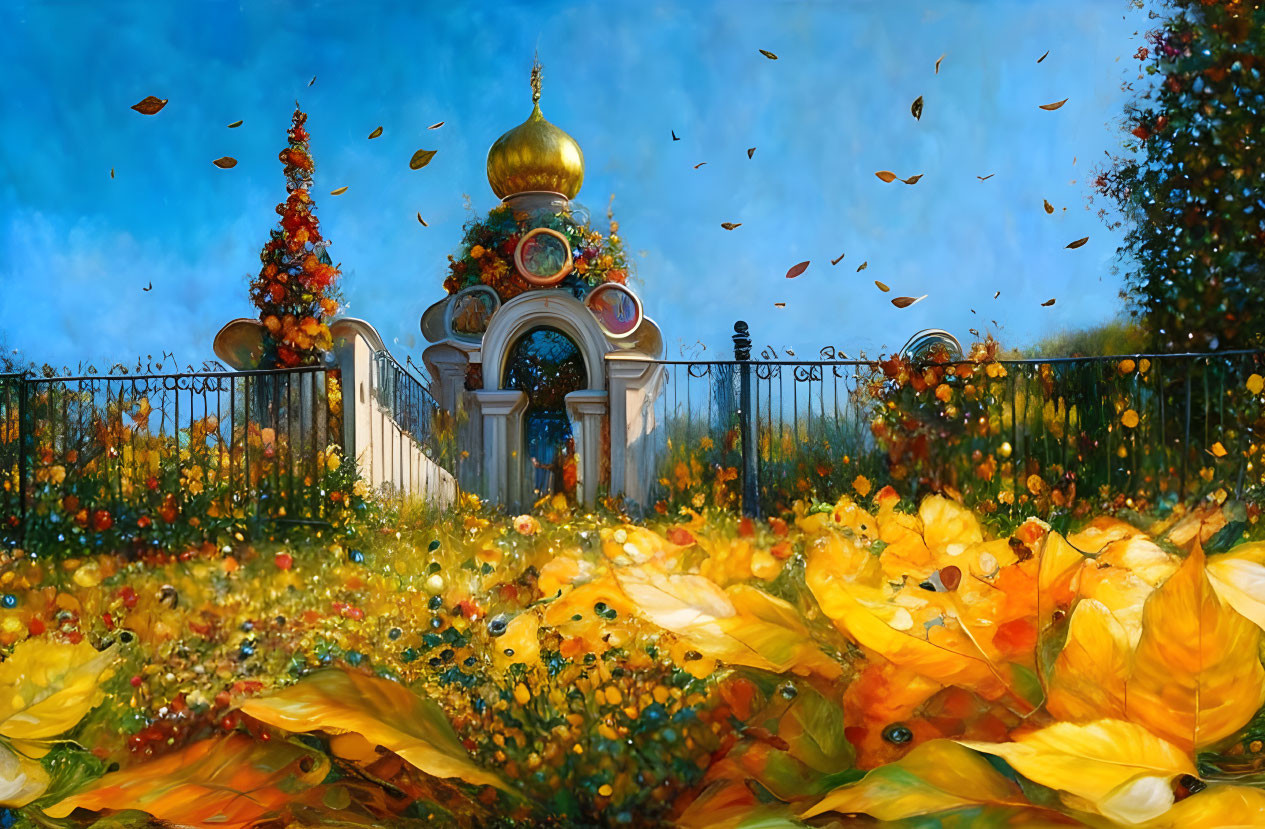 Colorful painting of whimsical garden with golden dome gate, fluttering leaves, and blue sky.