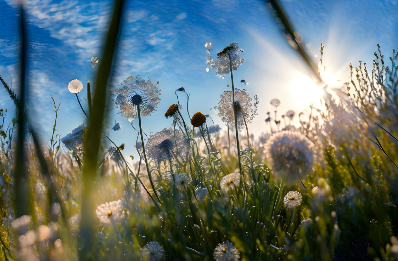 Field with Dandelions and Wildflowers Under Blue Sky