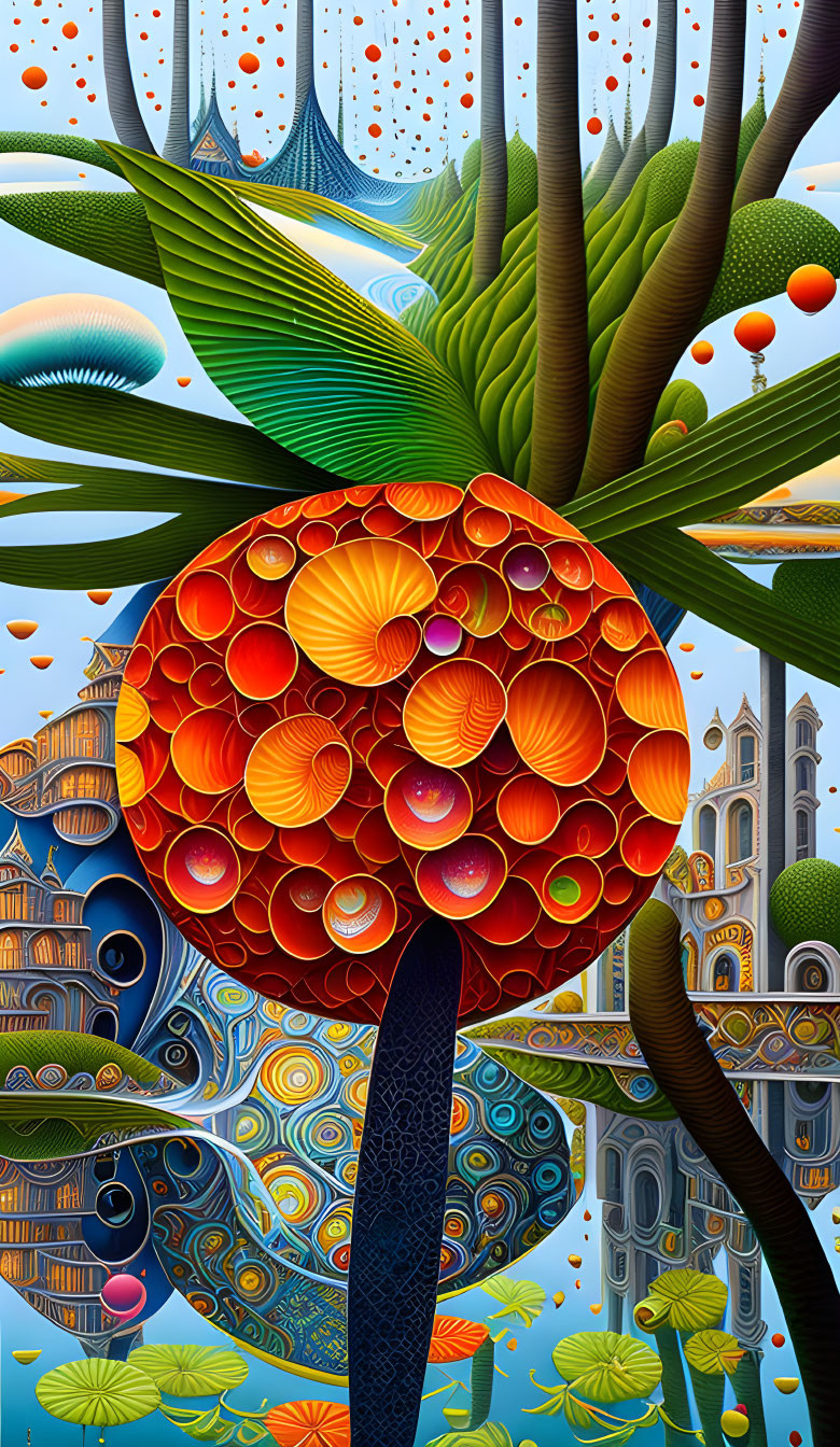 Colorful surreal artwork: Large orange tree, ornate trunk, fantastical scenery, water reflection