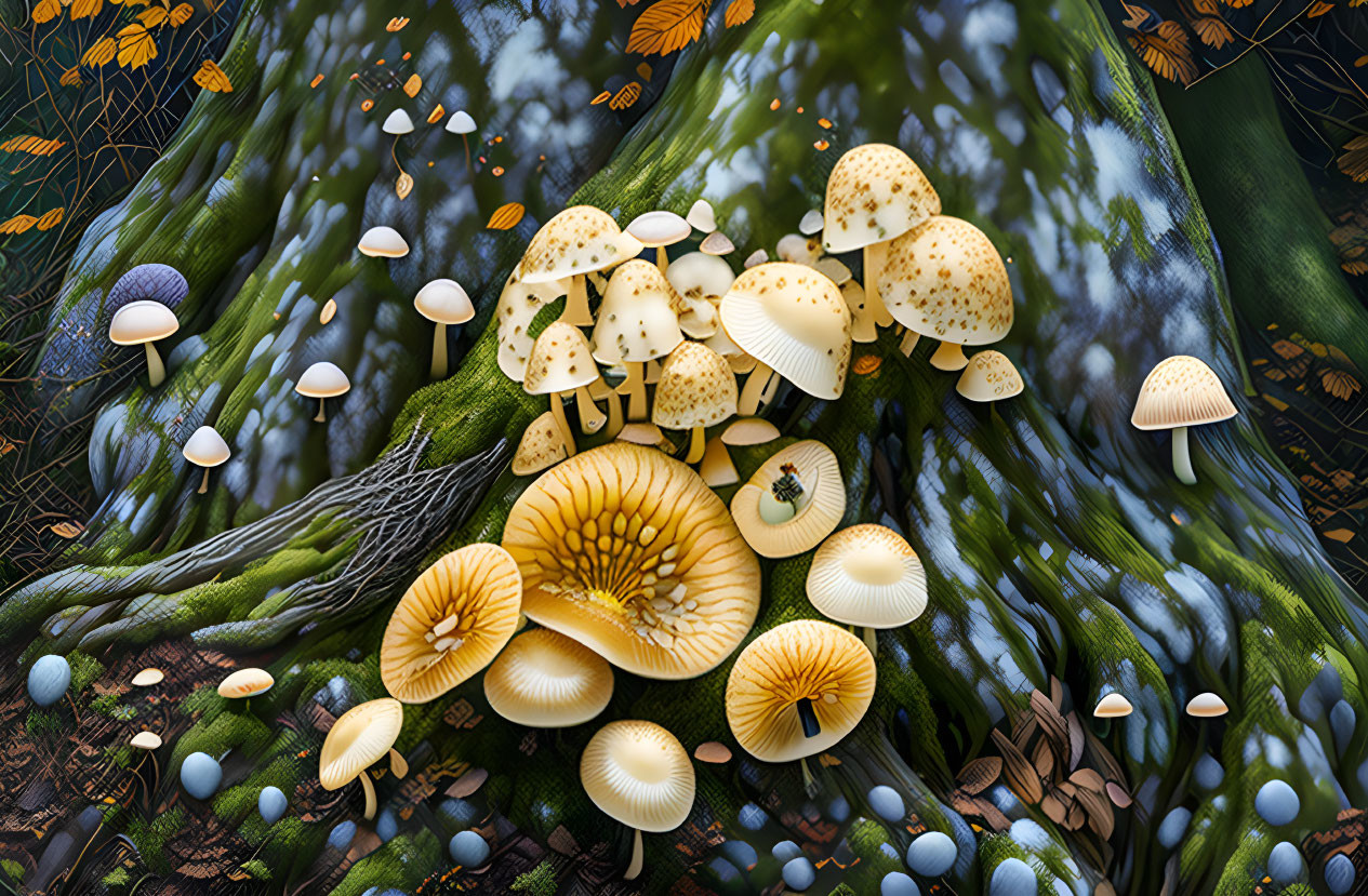 Colorful digital artwork featuring mushrooms, mossy branches, leaves, and soft lighting