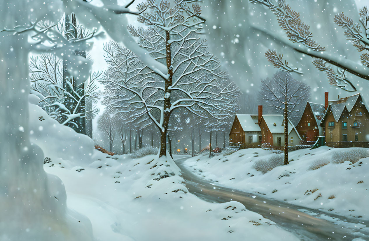 Snow-covered winter scene with trees, houses, and winding path under soft snowfall