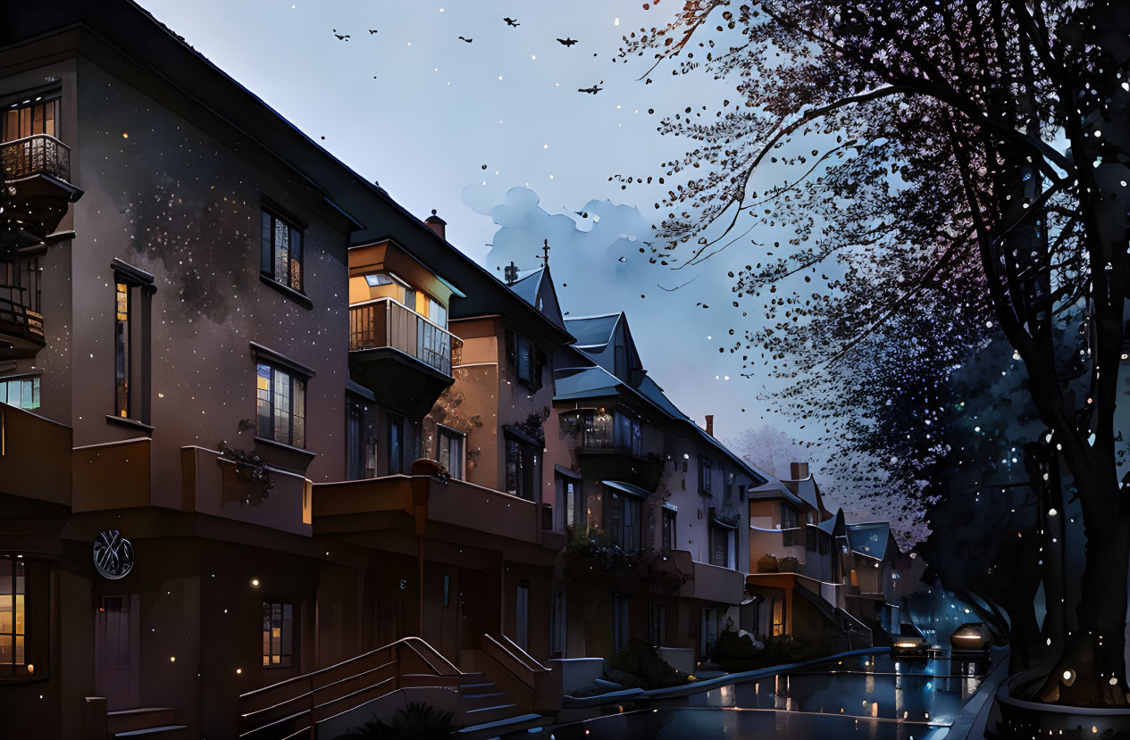 Tranquil street at twilight with townhouses, street lights, and silhouetted birds