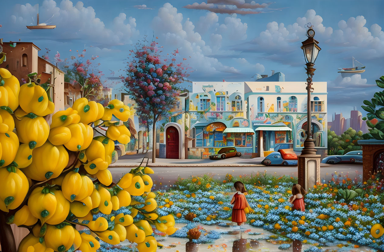 Colorful painting of whimsical street with flying cars, playful children, and yellow rubber ducks.