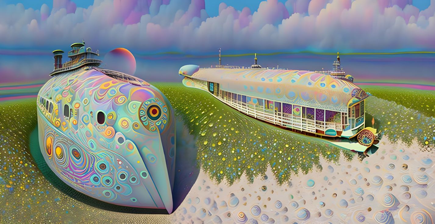 Colorful surreal landscape with ornate zeppelin-like structures under a pastel sky.